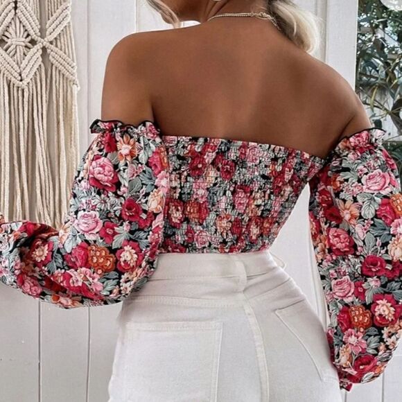All Over Print Floral Off The Shoulder Shirred Top - Picture 7 of 11